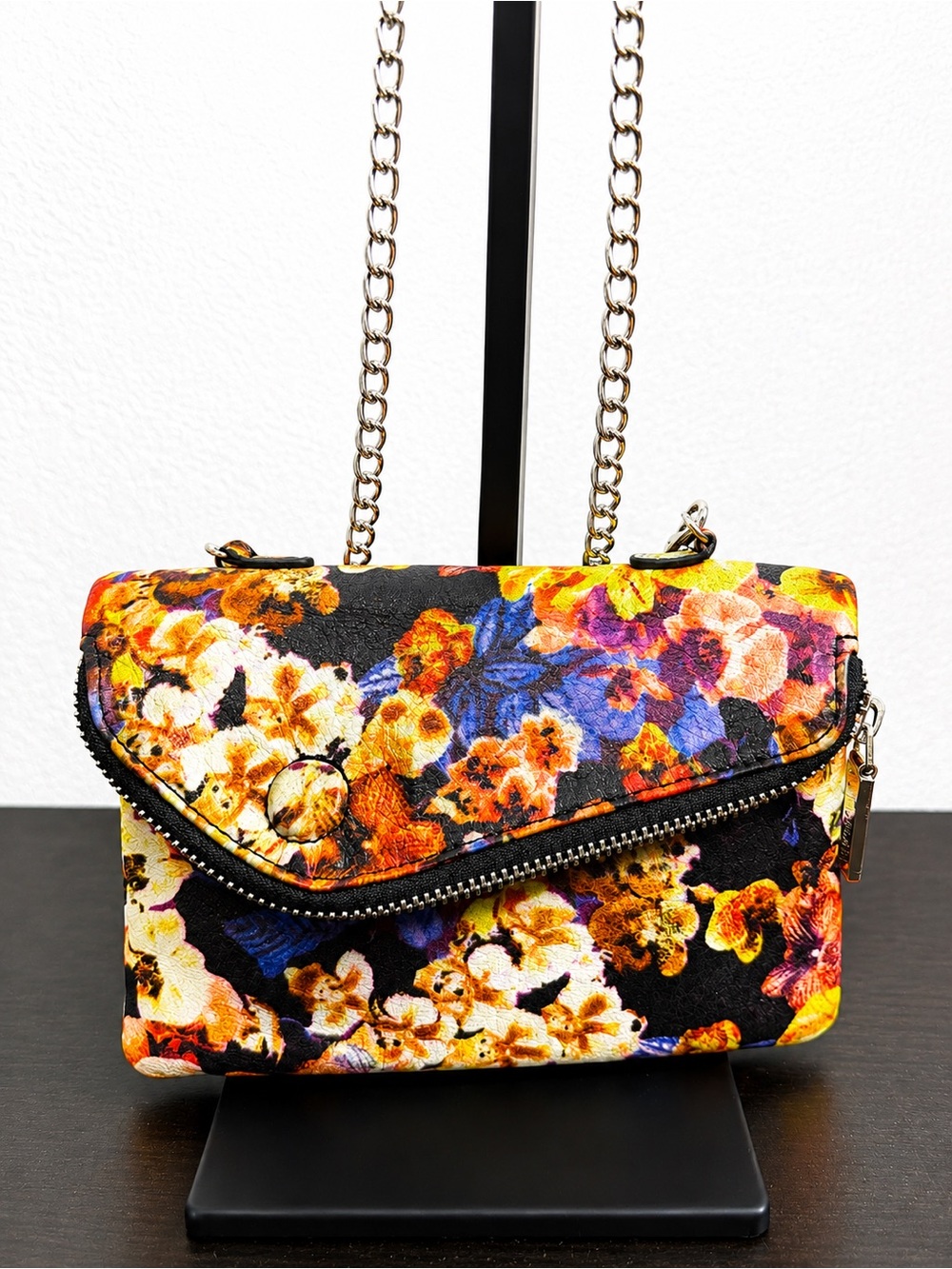 Hobo Floral Convertible Crossbody Wristlet Bag Silver Chain Orange Interior
